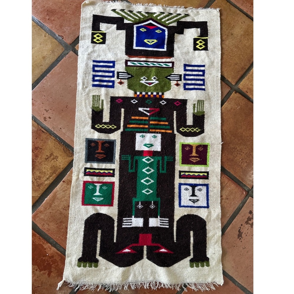 Vintage Handwoven Andean Wool Tapestry Rug 48" x 25" Ecuador Folk Art Totem
